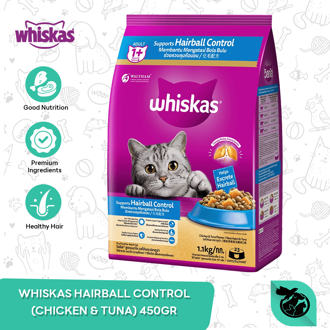 Whiskas Hairball Control Adult Dry Cat Food Makanan Kucing Dewasa 450gr