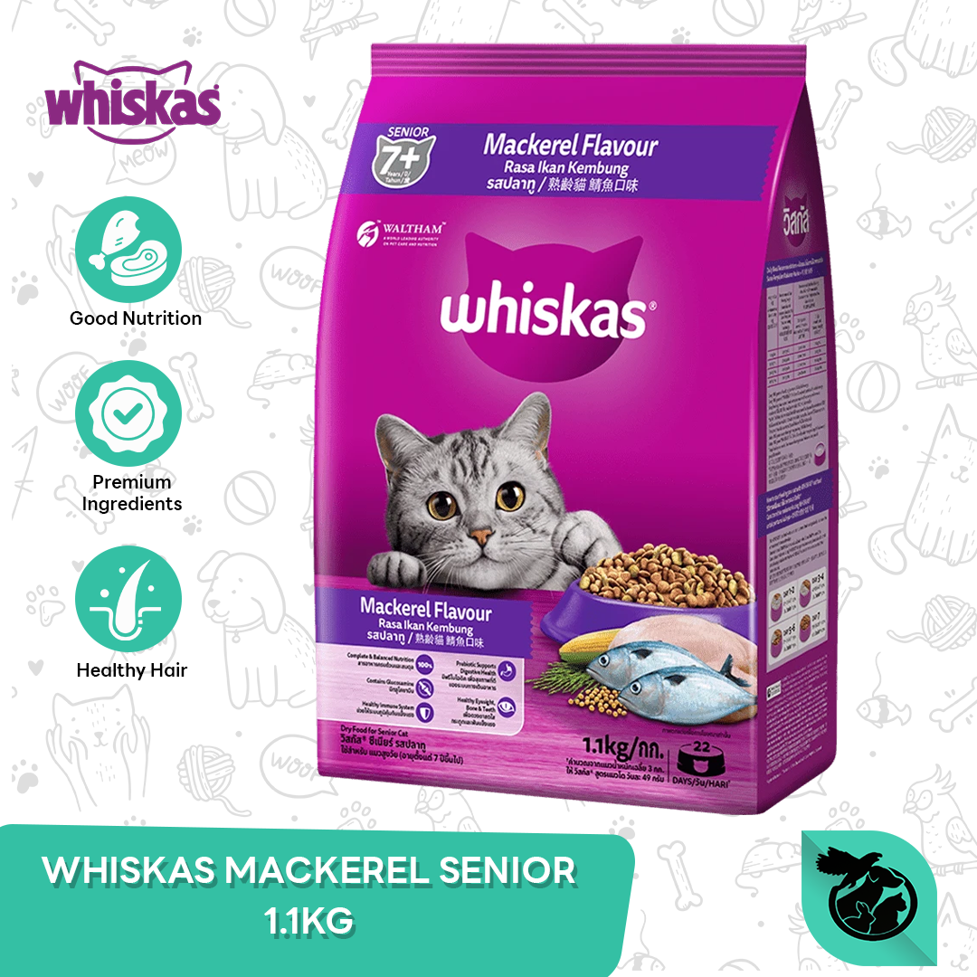 Whiskas Mackerel Senior Adult 7+ Dry Cat Food Makanan Kucing Dewasa 1.1kg