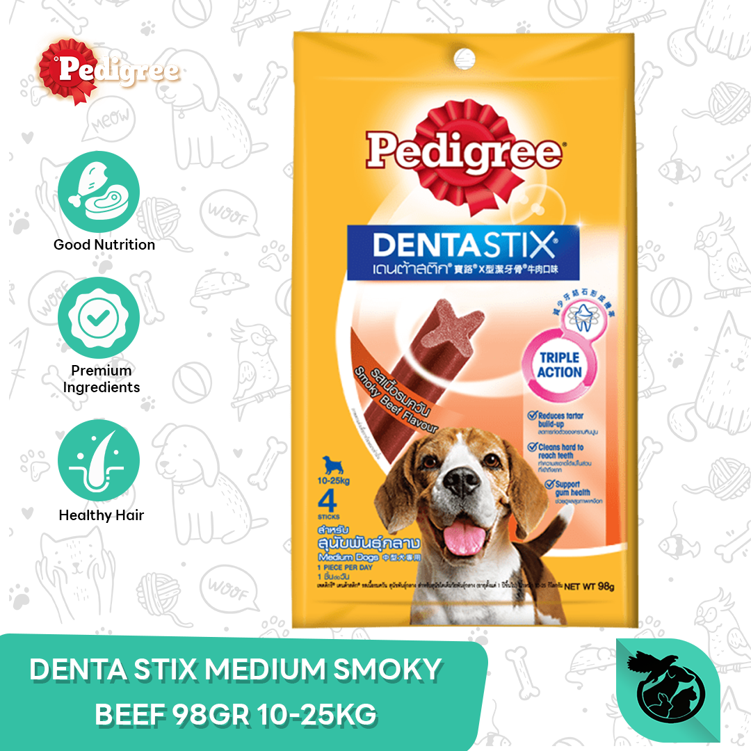 Pedigree Dentastix Medium Smoky Beef Dog Treats Snack Camilan Anjing 98gr