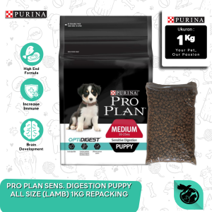 Pro Plan Puppy All Size - Sensitive Digestion (Lamb) Dry Dog Food Makanan Anak Anjing 1kg Repack